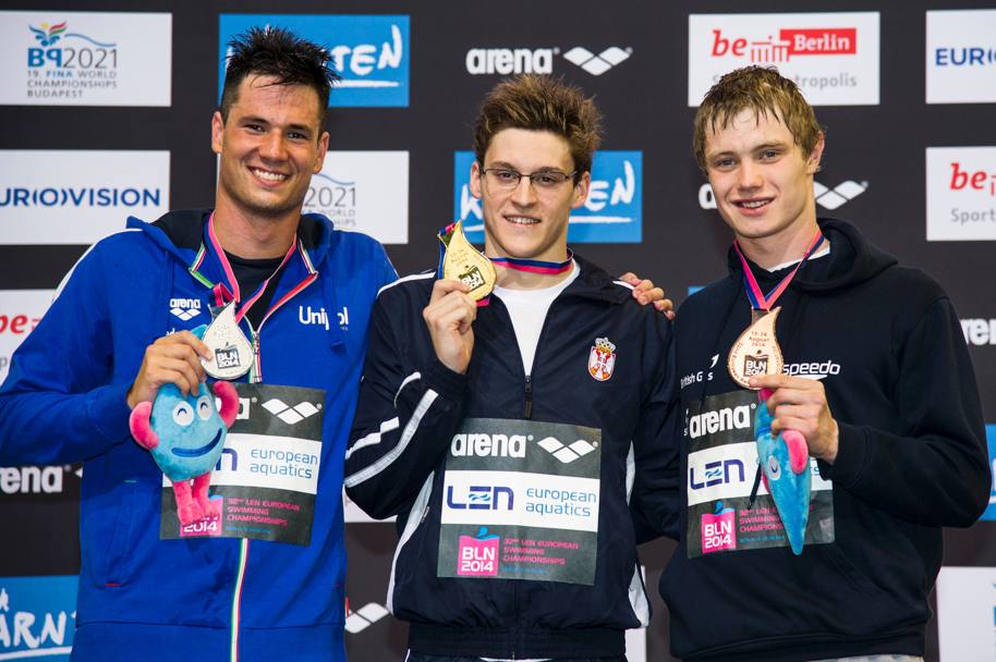 Il podio dei 400 stile libero: Stjepanovic oro, D’Arrigo argento, Lelliott bronzo (Olycom)